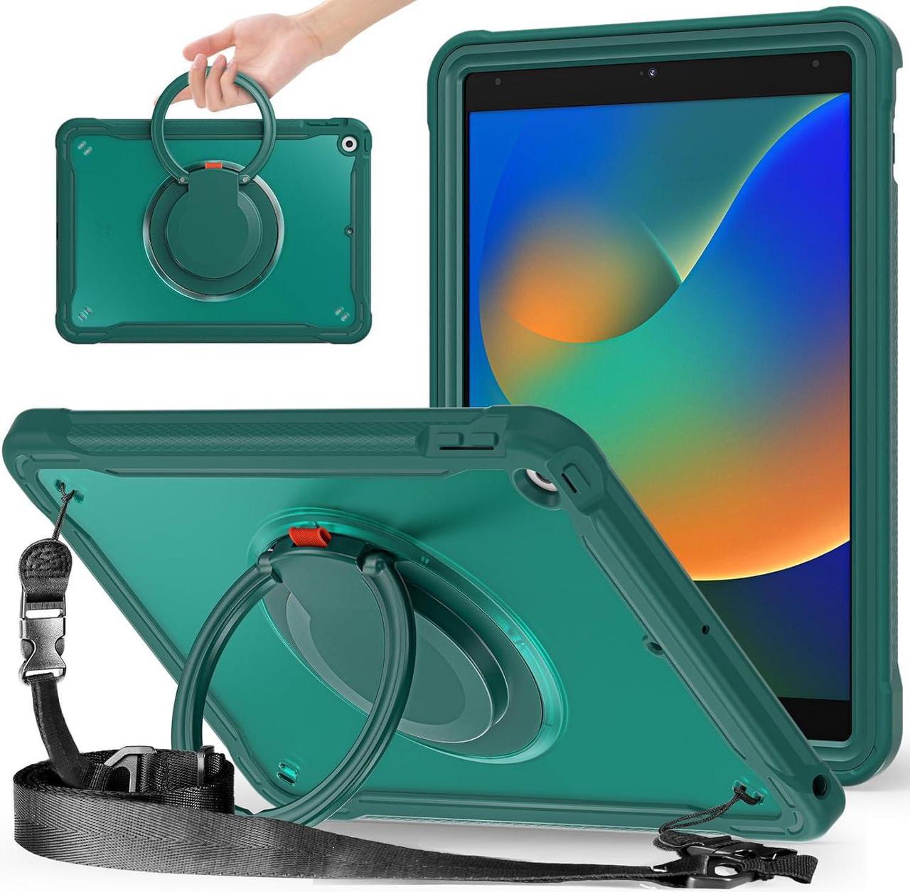 Ultimate Protection Case for iPad 10.2 Inch 9th / 8th / 7th Generation (2021/2020 / 2019) Sturdy Shockproof Tablet Cover with 360° Rotatable Kickstand & Shoulder Strap/Pencil Holder, Teal