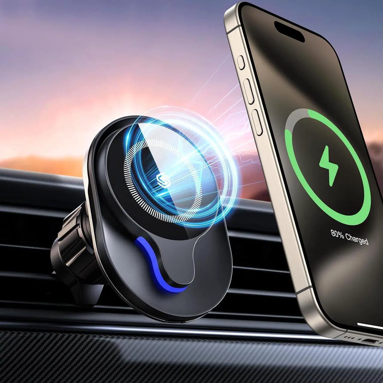 Alt view image 6 of 7 - Mag-Safe Car Mount, 15W Fast Charge Magnetic Phone Holder for Car Vent, 360° Rotation & LED Indicator, Universal Fit for iPhone 16/15/14/13/12 Series with MagSafe Case Strong Vent Clip