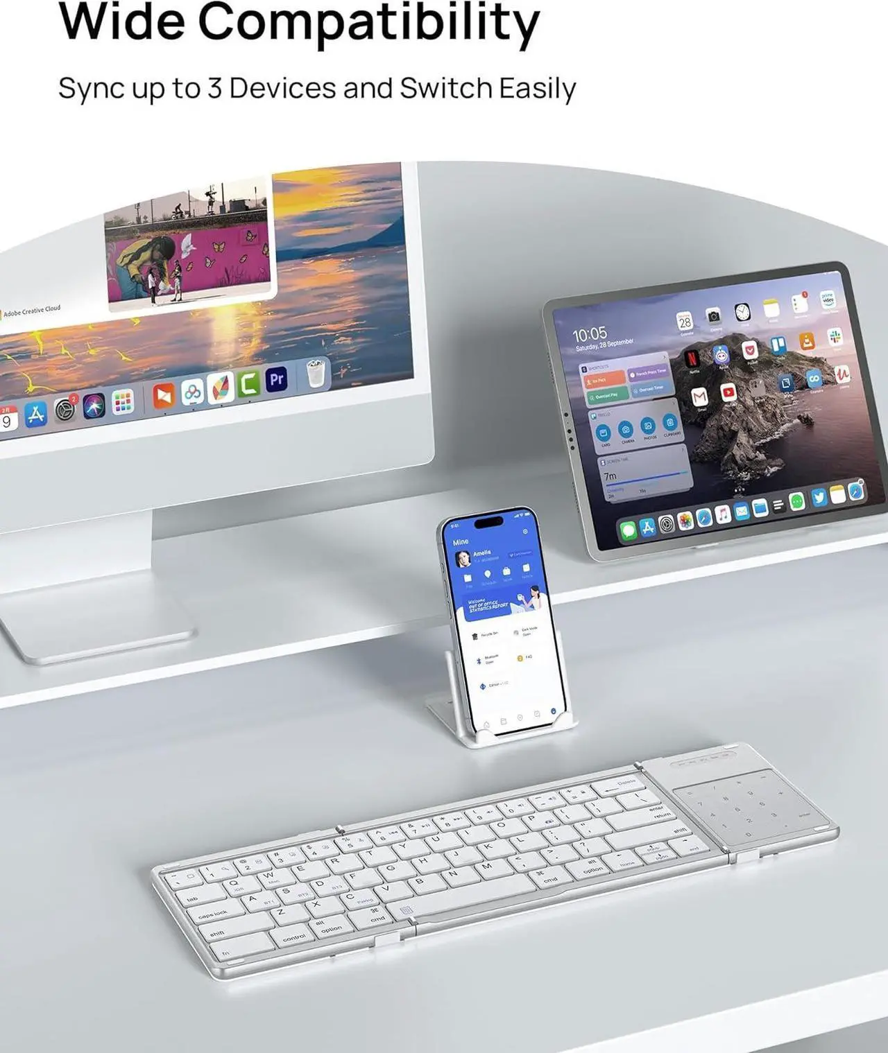 Alt view image 2 of 7 - Foldable Keyboard with Sensitive Touchpad, Portable Wireless Keyboard for iMac, Multi Devices, 2 in 1 Pocket-Sized Bi-Folding Portable Key-Board, Travel