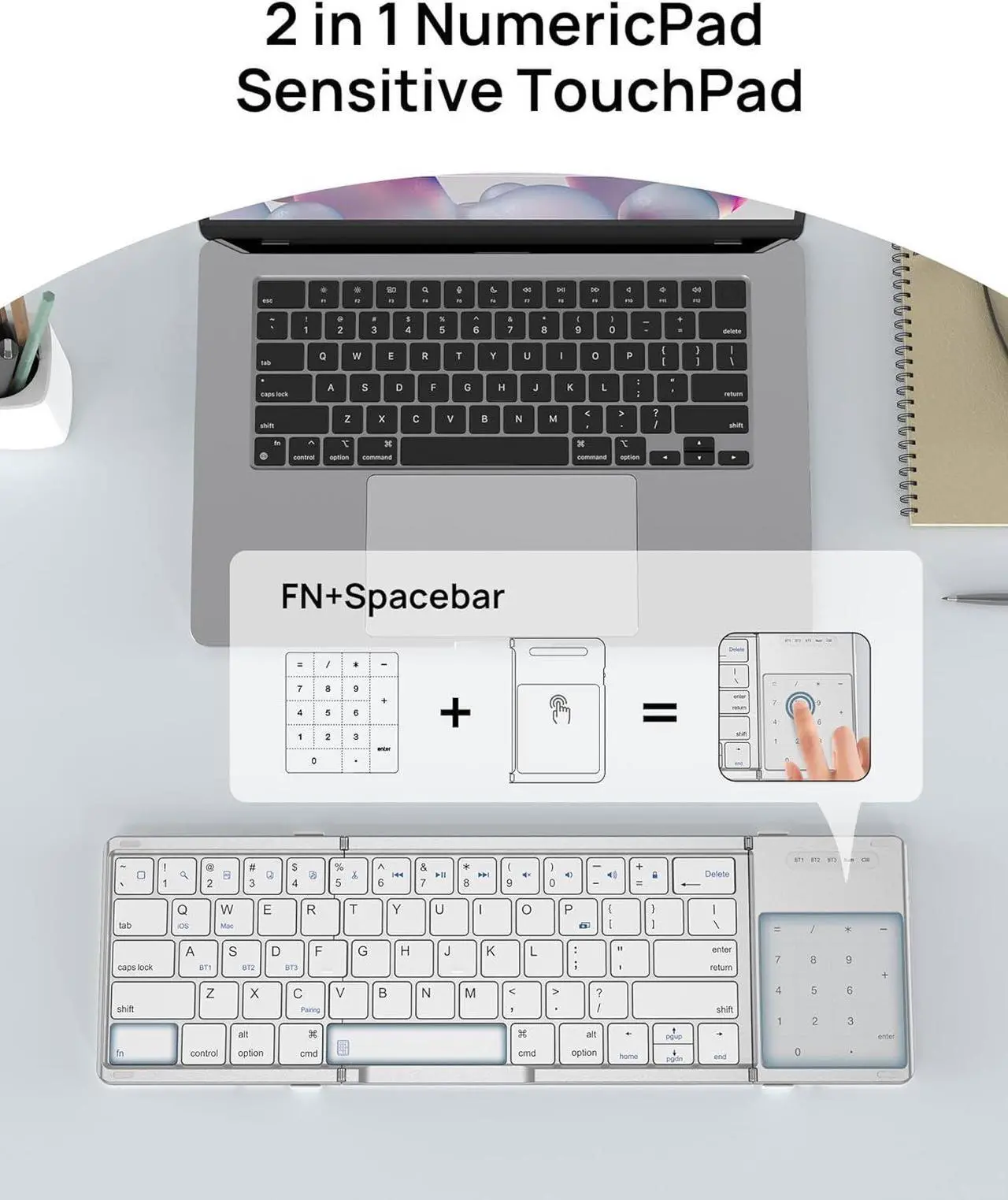 Alt view image 4 of 7 - Foldable Keyboard with Sensitive Touchpad, Portable Wireless Keyboard for iMac, Multi Devices, 2 in 1 Pocket-Sized Bi-Folding Portable Key-Board, Travel