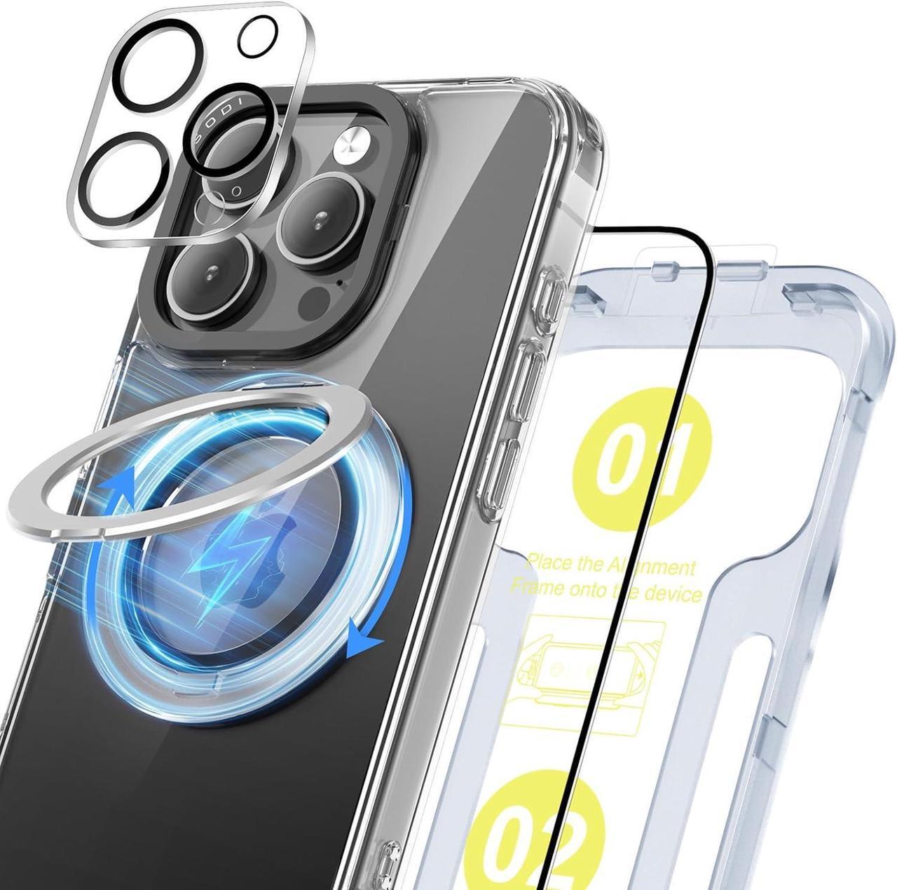 Main image of 3-in-1 Magnetic Phone Case for iPhone 16 Pro with Built-in Magnetic Phone Ring Grip Kickstand Includes 1×Screen & Camera Protectors, Clear