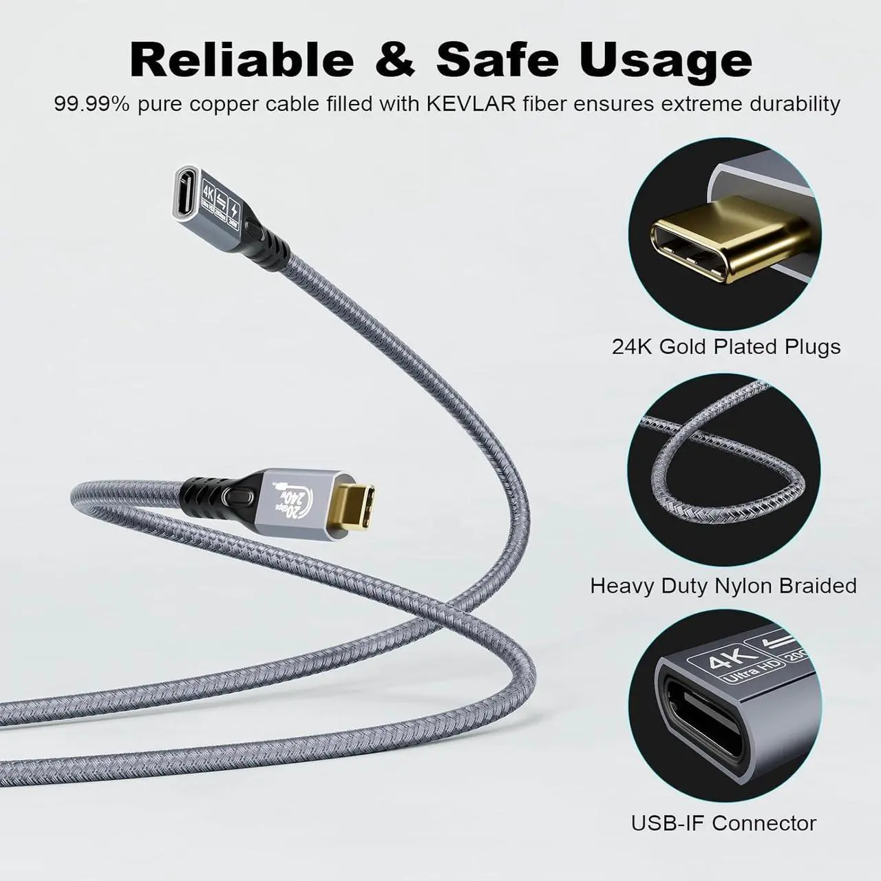 Alt view image 5 of 7 - 20Gbps USB C 3.2 Extension Cable, USBC 3.2 Gen2 Type-c Male to Female Extender Cable Ultra HD 4K@60Hz 240W Charging 20Gbps Data Transfer Compatible with External SSD eGPU