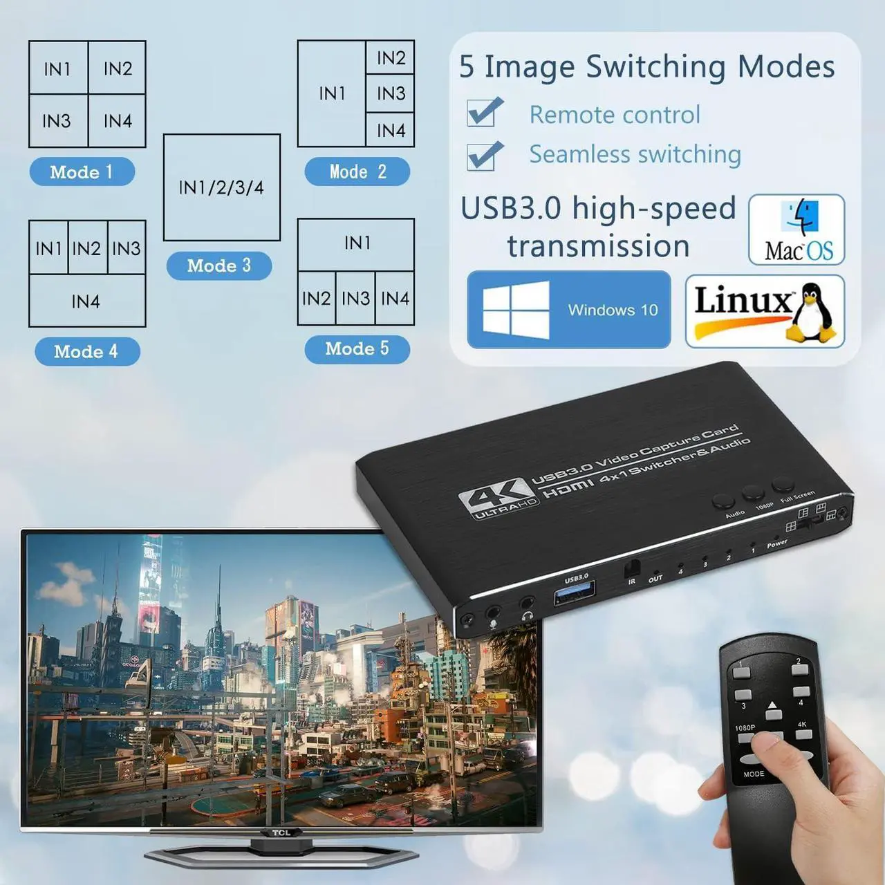 Alt view image 3 of 7 - 4 Channel USB3.0 HDMI Video Capture Card 1080P 60fps Video Caputre for Multi-Channel Board Game Record Live Streaming Broadcast Local Loop Out for PS4, Nintendo Switch, Xbox One