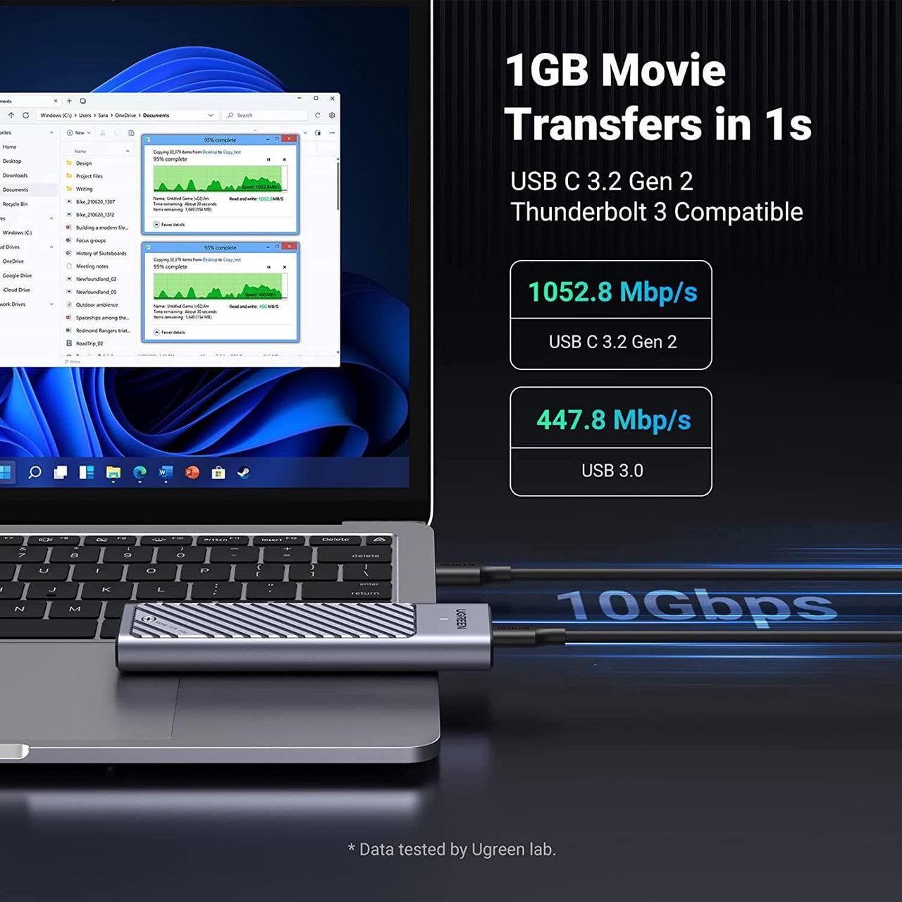 Alt view image 3 of 7 - UGREEN M.2 NVMe and SATA SSD Enclosure Aluminum, 10Gbps USB 3.2 Gen2, USB C Thunderbolt 3 Compatible External M.2 NVMe SSD Enclosure Support UASP Trim for PCIe M, B+M Keys Size 2230/2242/2260/2280 SSD