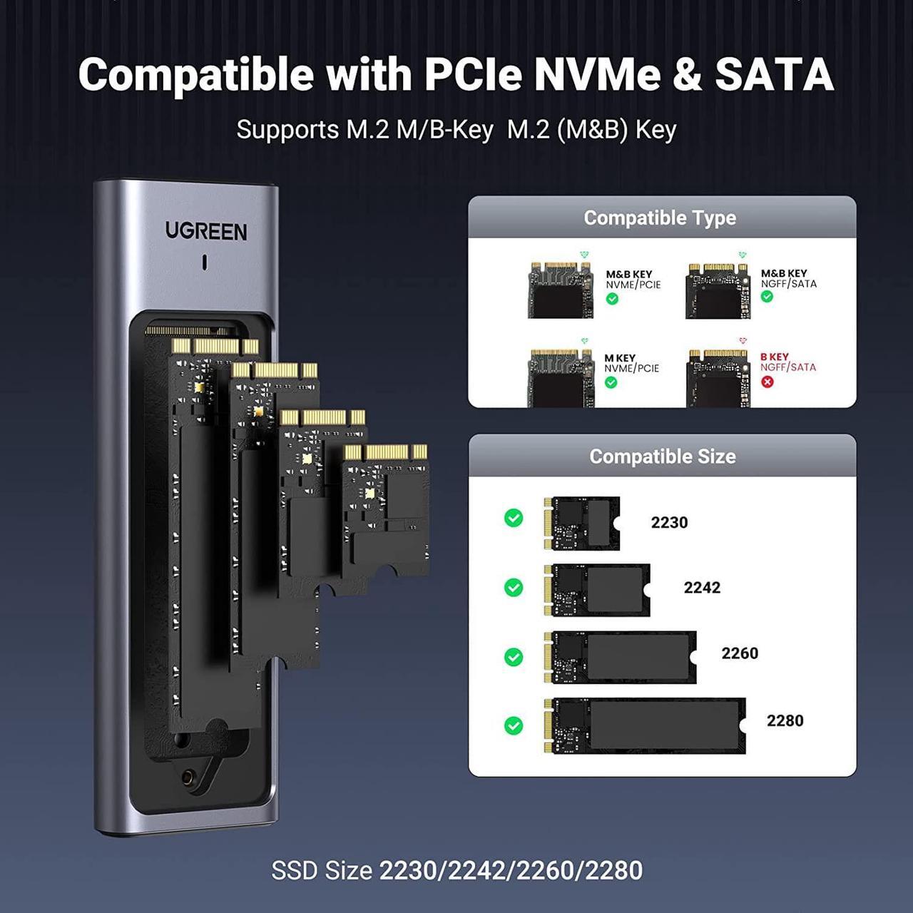 Alt view image 5 of 7 - UGREEN M.2 NVMe and SATA SSD Enclosure Aluminum, 10Gbps USB 3.2 Gen2, USB C Thunderbolt 3 Compatible External M.2 NVMe SSD Enclosure Support UASP Trim for PCIe M, B+M Keys Size 2230/2242/2260/2280 SSD