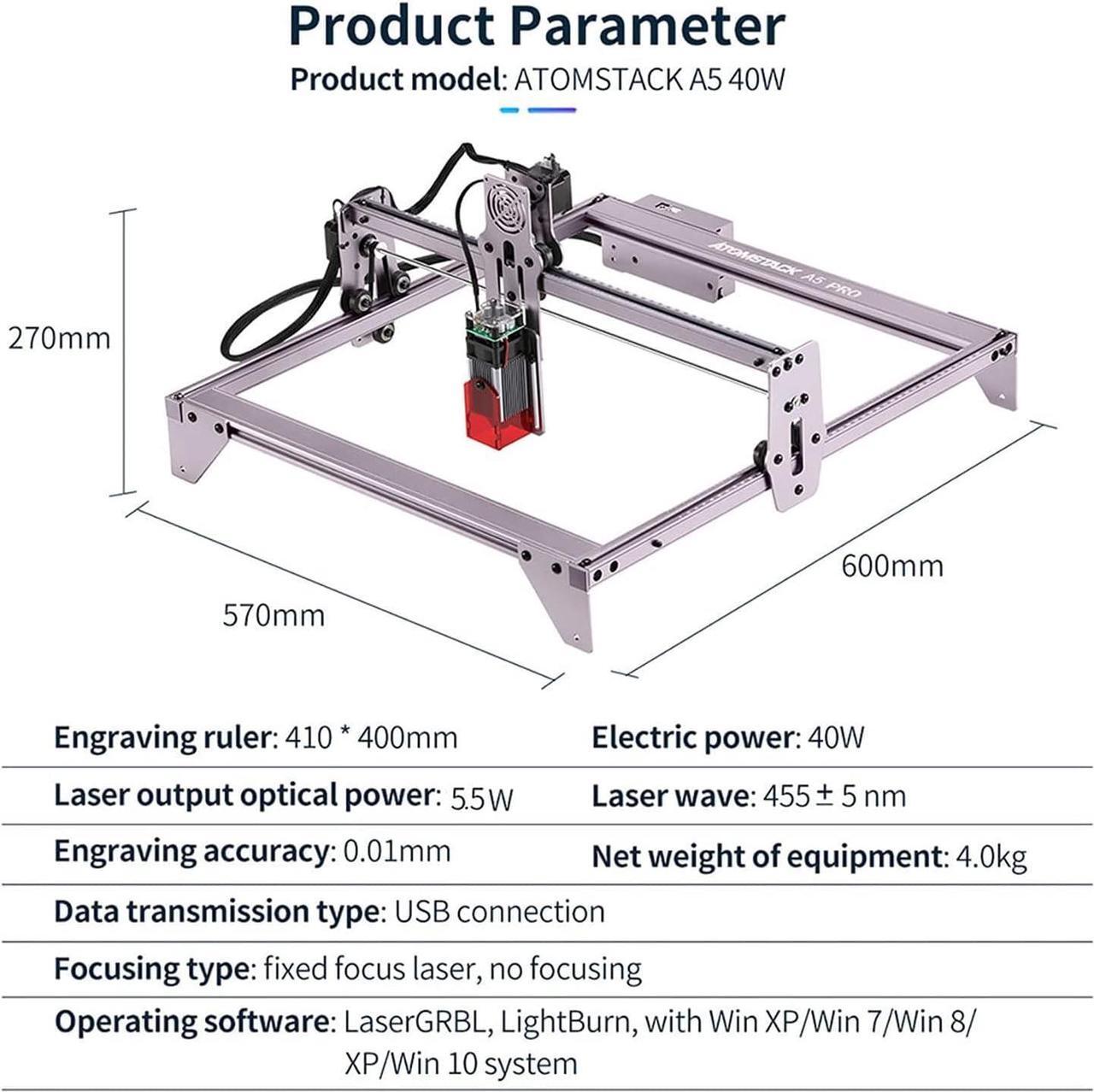 Alt view image 7 of 7 - ATOMSTACK A5 Pro 40W Laser Engraver Master, Wood Engraving Machine, Eye Protection Fixed-Focus CNC, Desktop DIY Laser Engraving Cutting Machine, Cut Engraver for Metal Wood Vinyl Leather, 410x400mm