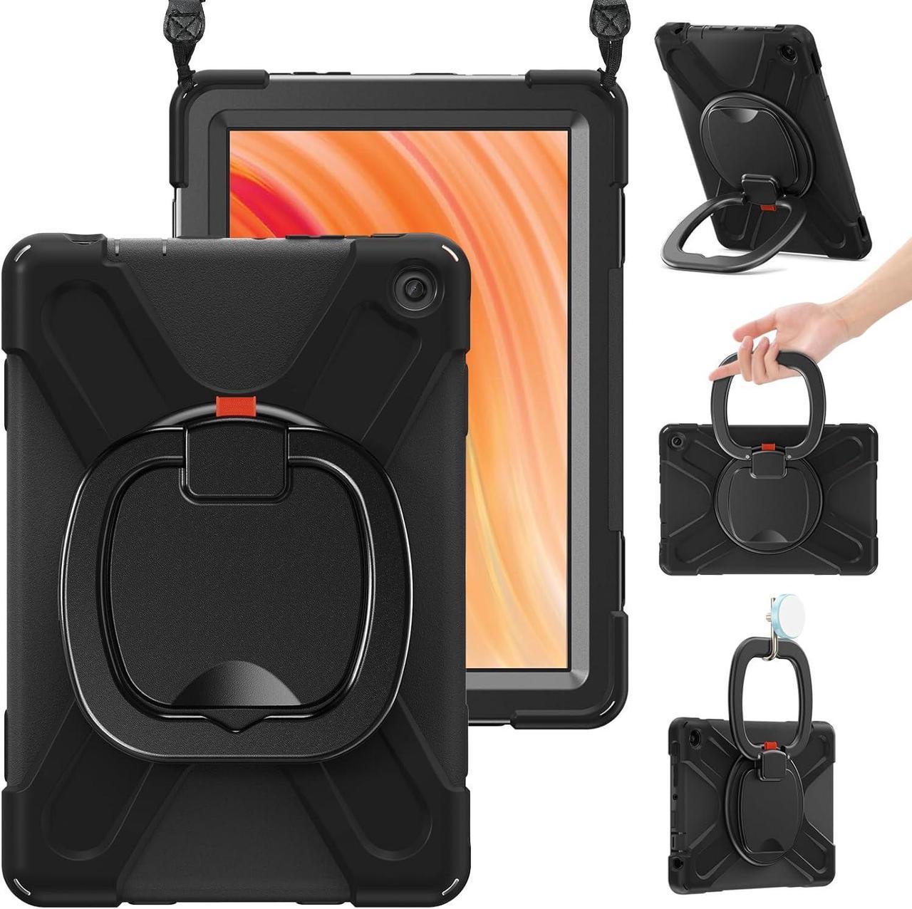 Shockproof Case for Amazon Fire HD 10 Tablet 10.1 (Only fits 13th generation tablet, 2023 release), Rugged Silicone Cover with 360 Rotating Kickstand & Handle Grip, Shoulder Strap, Black