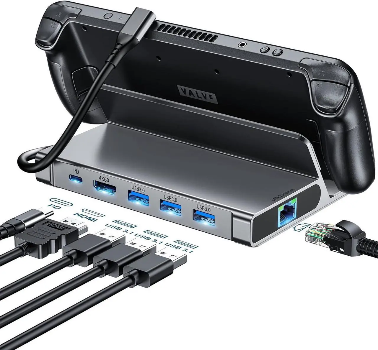 Main image of Docking Station for Steam Deck, 6-in-1 Steam Deck Dock Stand with HDMI 2.0 4K@60Hz, Giga-bit Ethernet, 3 USB-A 3.0 and Full Speed Charging USB-C PD Port Compatible with Valve Stream Deck//ROG Ally