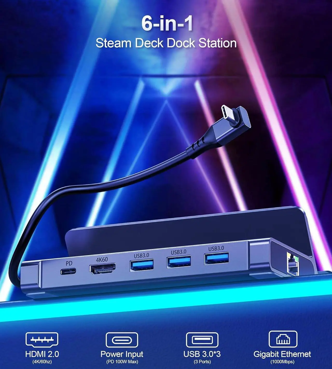 Alt view image 3 of 7 - Docking Station for Steam Deck, 6-in-1 Steam Deck Dock Stand with HDMI 2.0 4K@60Hz, Giga-bit Ethernet, 3 USB-A 3.0 and Full Speed Charging USB-C PD Port Compatible with Valve Stream Deck//ROG Ally
