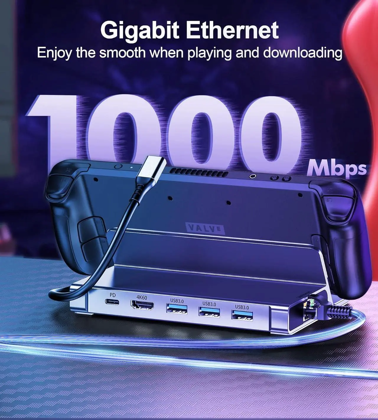 Alt view image 4 of 7 - Docking Station for Steam Deck, 6-in-1 Steam Deck Dock Stand with HDMI 2.0 4K@60Hz, Giga-bit Ethernet, 3 USB-A 3.0 and Full Speed Charging USB-C PD Port Compatible with Valve Stream Deck//ROG Ally