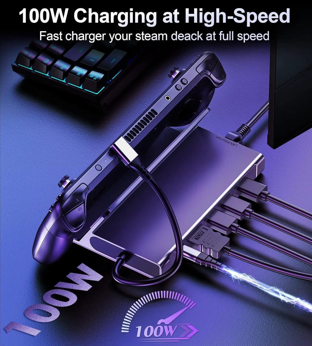 Alt view image 7 of 7 - Docking Station for Steam Deck, 6-in-1 Steam Deck Dock Stand with HDMI 2.0 4K@60Hz, Giga-bit Ethernet, 3 USB-A 3.0 and Full Speed Charging USB-C PD Port Compatible with Valve Stream Deck//ROG Ally