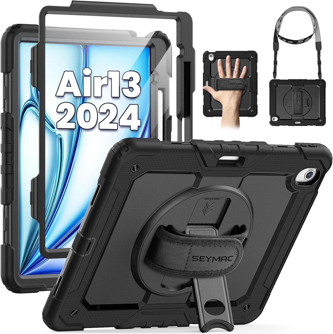 iPad Air 13 Inch Case M2 with Screen Protector Pen Holder | iPad Air 13 Case 2024 for Kids | Heavy Duty Shockproof Cover W/Stand Hand Strap Shoulder Strap for iPad Air 13 Inch | Black