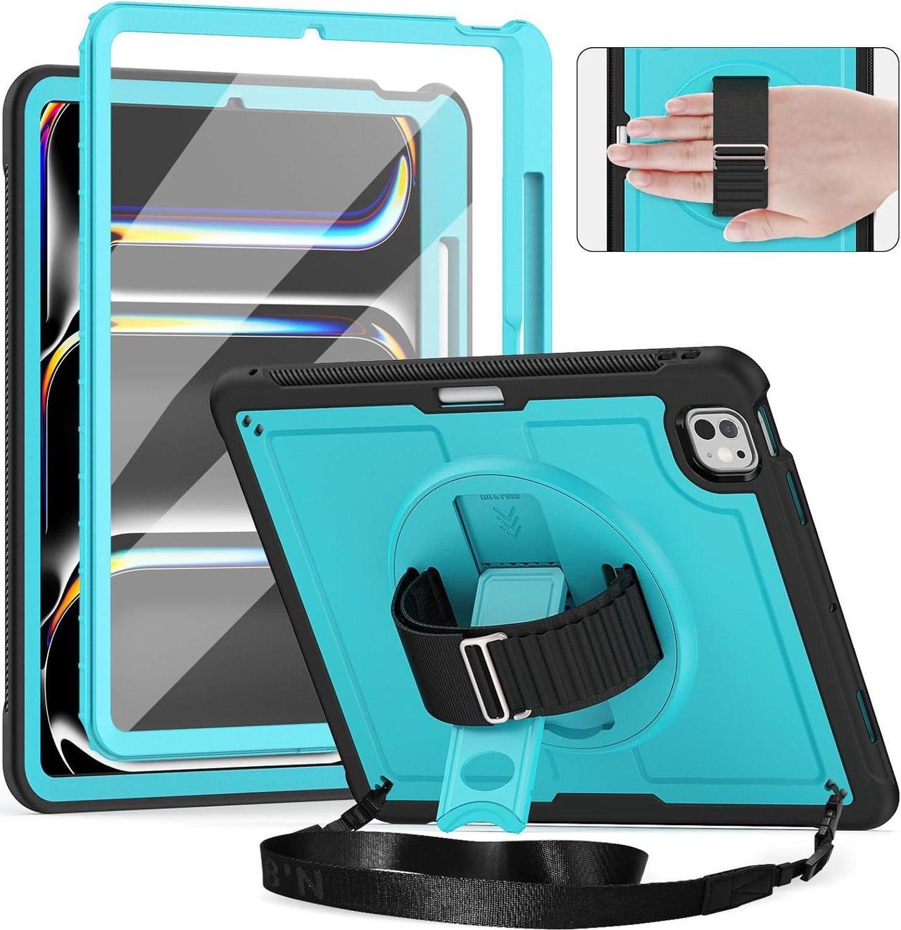 Case for iPad Pro 13 Inch M4 2024 7th Generation(Model: A2925, A2926, A3007) with Screen Protector, 360° Rotating Kickstand, Adjustable Shoulder Strap, Precise Cutouts, Pencil Holder,  Light Blue