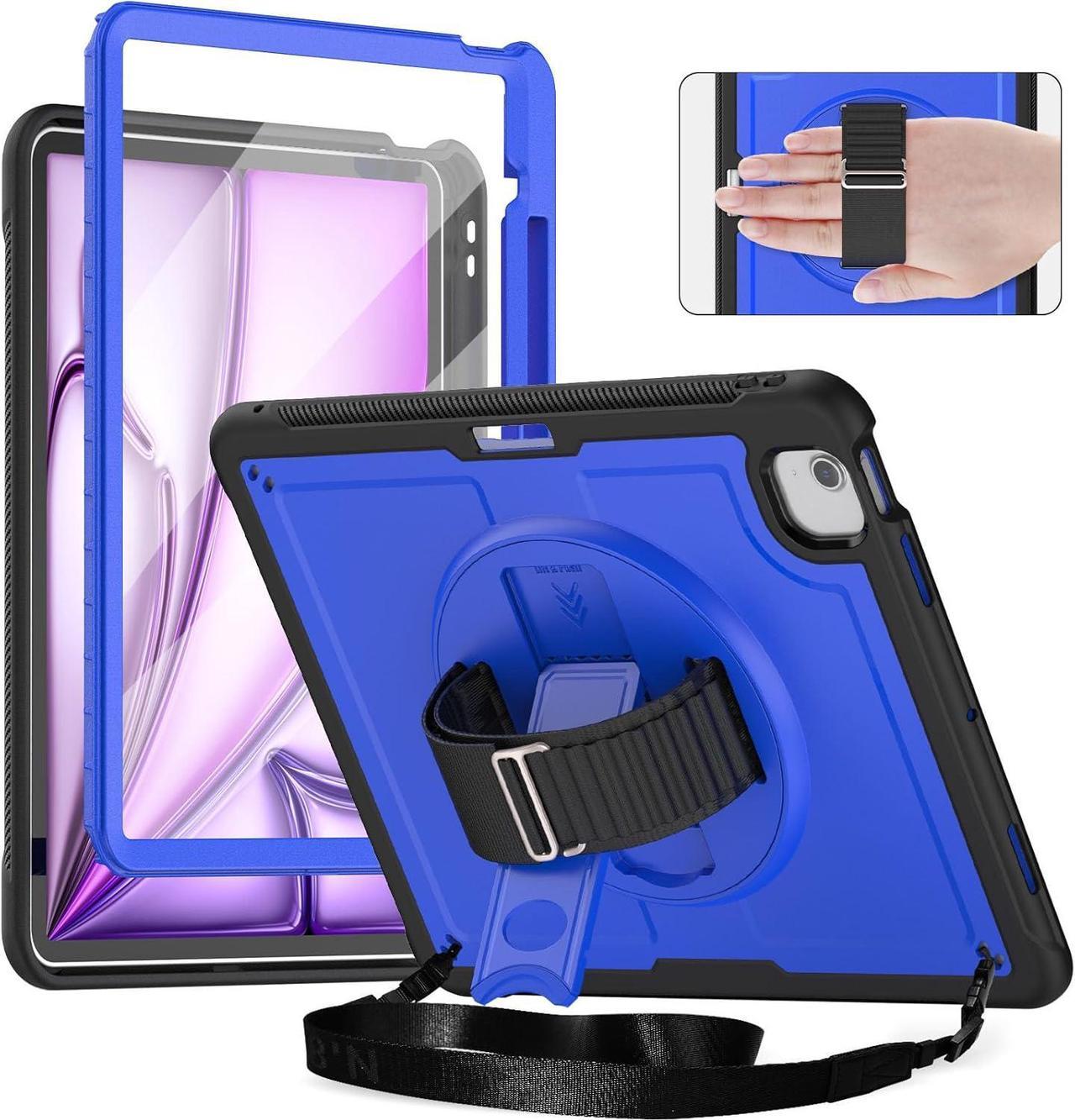 Case for iPad Air 13 Inch M2 2024 (Model: A2898, A2899, A2900) with Screen Protector, 360° Rotating Kickstand, Adjustable Shoulder Strap, Precise Cutouts, Pencil Holder, Blue