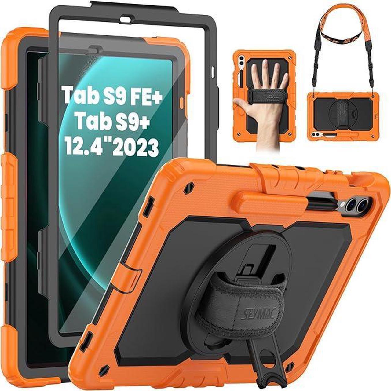 Case for Galaxy Tab S10+ Case 2024/ S9 FE+ Plus/ S9+ Plus 12.4 Inch 2023, Heavy Duty Shockproof Protective Case with Screen Protector, Stand, Hand/Shoulder Strap and Pen Holder, Orange