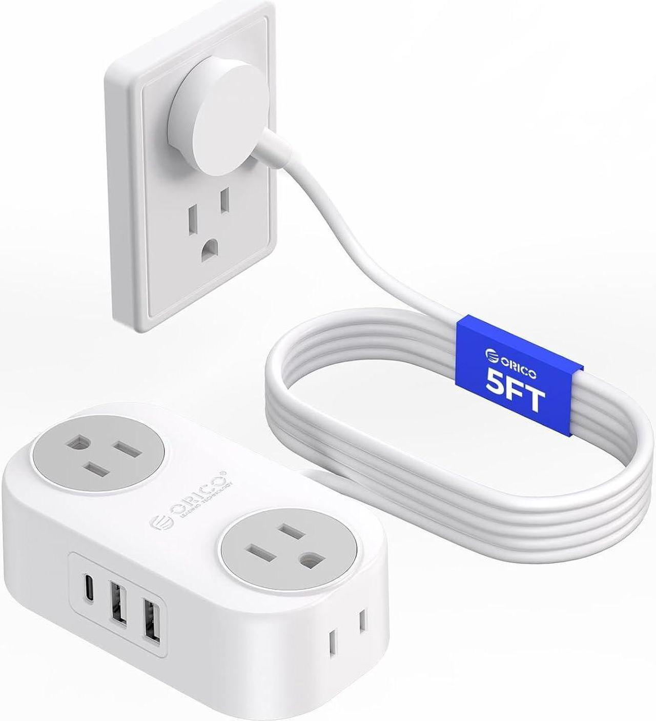 Extension Cord with USB Ports, 5 FT Extension Cord with 3 USB(1 USB-C) Ports, Small Extension Cord Saving Space, 4 Wide-Spaced Outlets, Mountable Compact No Surge for Travel, Cruise Ship, White