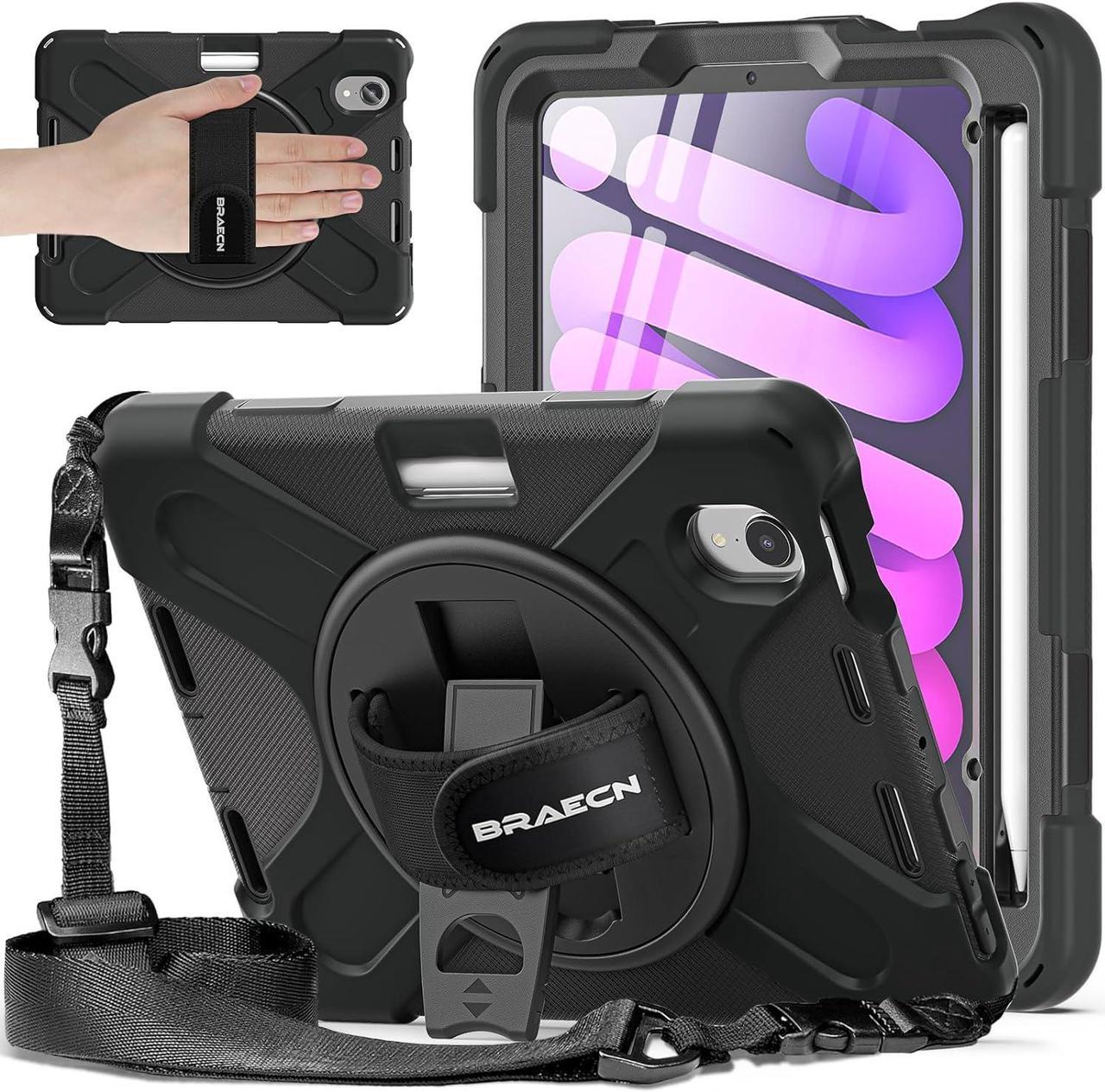 Case for iPad Mini 7 A17 Pro Case iPad Mini 7th/6th Generation Case 2024/2021 8.3" with Screen Protector Pen Holder Rotating Hand Strap Stand Shockproof iPad Mini 7/6 Case Kids - Black