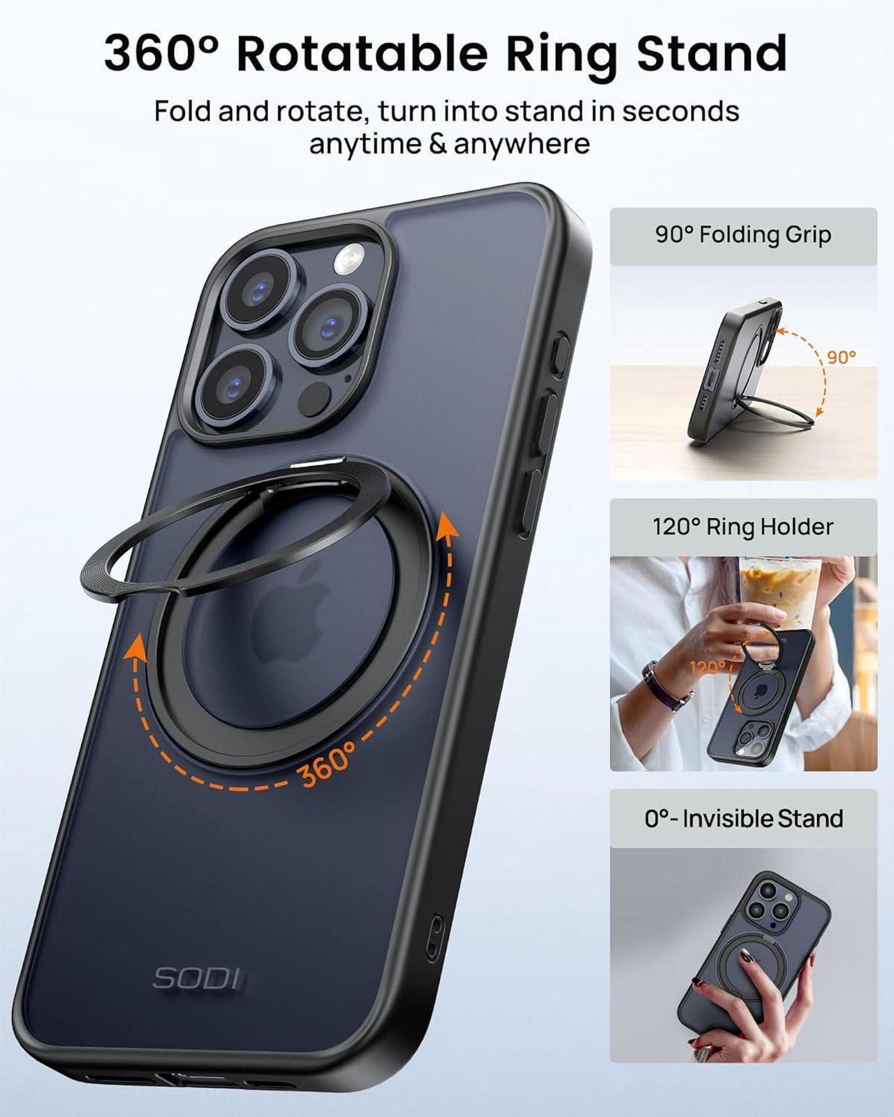 Alt view image 3 of 6 - 360°Rotatable Magnetic Ring Stand for iPhone 15 Pro Max Case[Compatible with Mag-Safe][Anti-Yellow] [Military-Grade Protection] Outdoor Shockproof TPU+PC Case for iPhone 15 Pro Max 6.7",Black