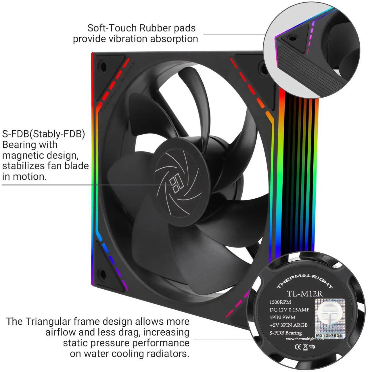 Alt view image 7 of 7 - Thermalright TL-M12R 120mm ARGB CPU Fan, with 1500RPM Speed, Black Computer Case Cooling, Quiet 4pin PWM PC Inverted Fan, CPU Cooler,ARGB Light Effect with Infinite Mirrors on Both Sides