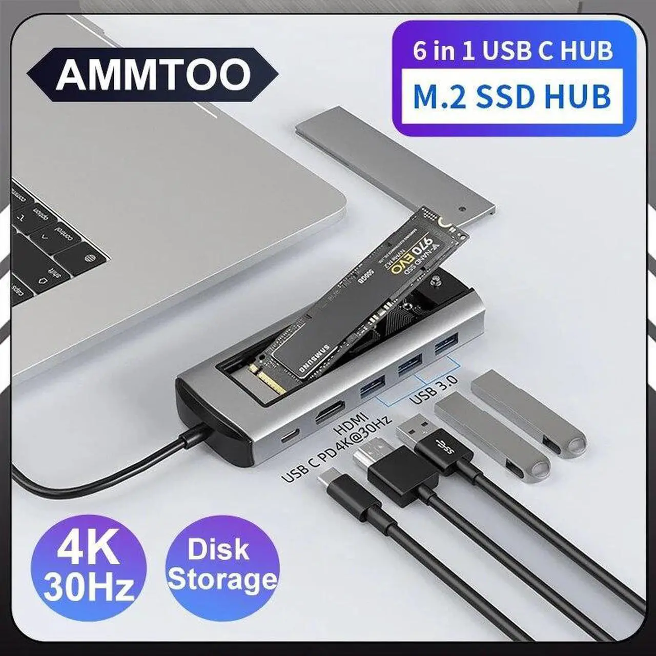 Alt view image 2 of 5 - 6 in 1 sata SSD HUB USB C Dock Station with Disk Storage Function USB 3.0 Type C to HDMI-Compatible Laptop For Macbook Laptop Pc