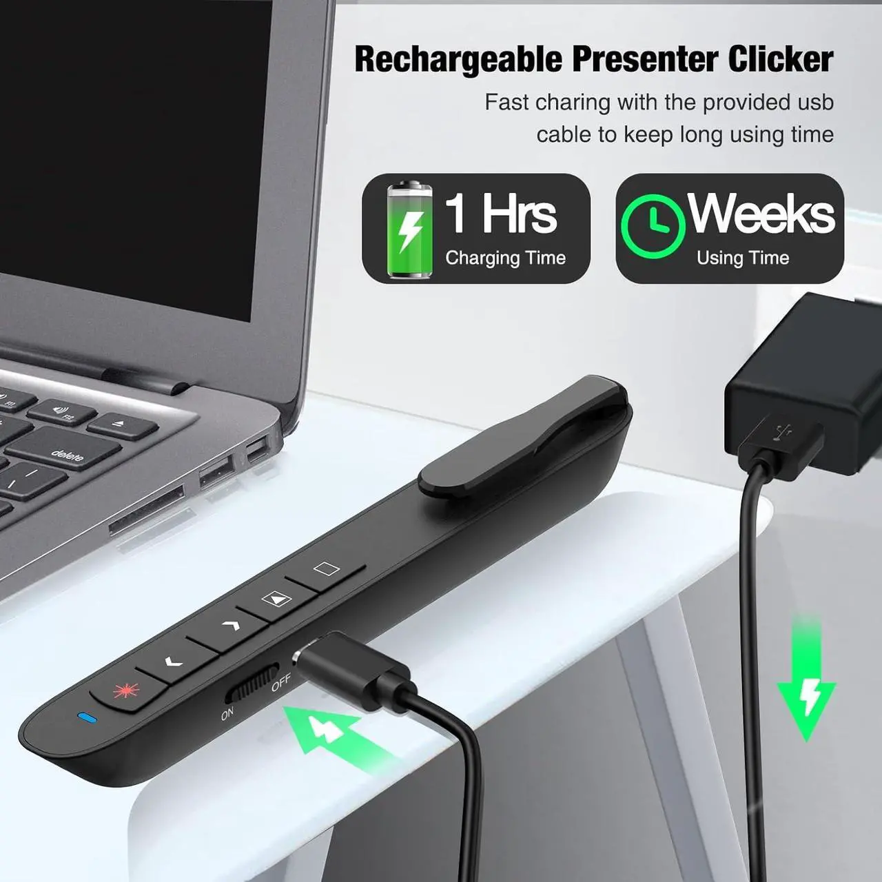 Alt view image 2 of 5 - Presentation Clicker Green Laser Pointer, Rechargeable PowerPoint Clicker Wireless Presenter Remote, RF 2.4GHz USB Presentation Pointer Slide Advancer with Hyperlink Volume Control for Mac Computer