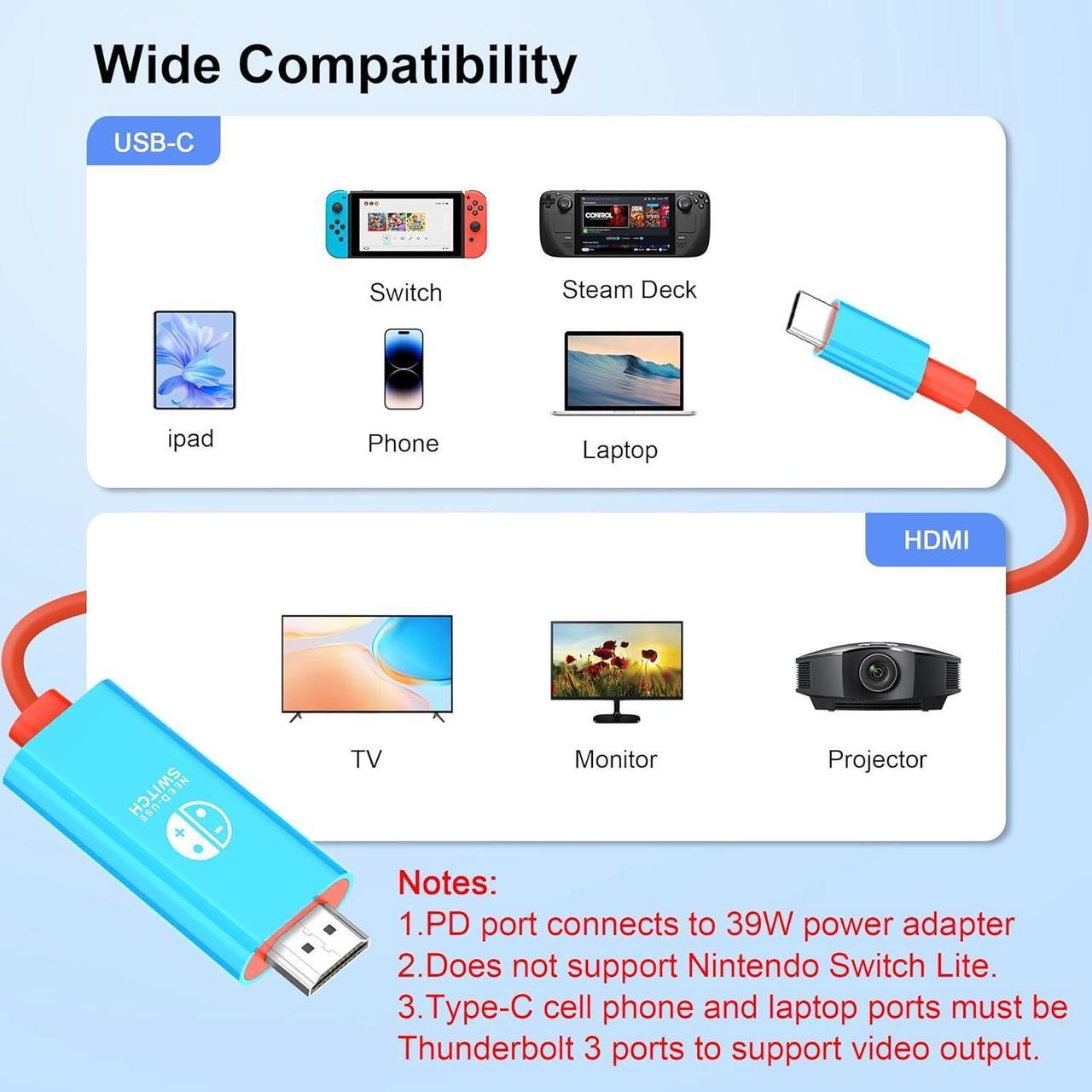 Alt view image 6 of 6 - Switch Dock for Nintendo Switch & OLED, USB C to HDMI Adapter Cable for Nintendo Switch Dock, Type-C to HDMI Conversion Cable Replaces The Original Switch Dock Station for TV Projection Screen