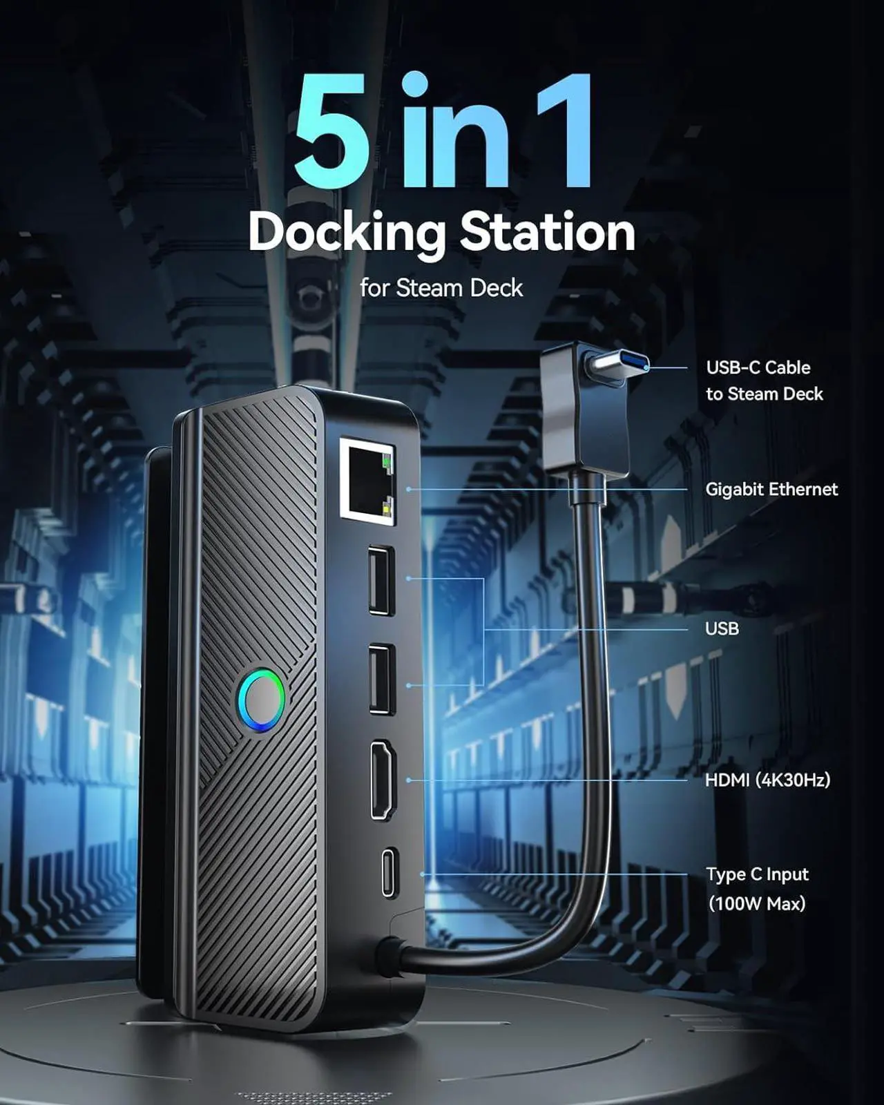 Alt view image 3 of 6 - Steam Deck Dock with LEDs, 5-in-1 Steam Dock with Gigabit Ethernet, HD 2.0, 2 USB-A, 100W Full Speed Charging Port, Steam Deck Accessory Dock