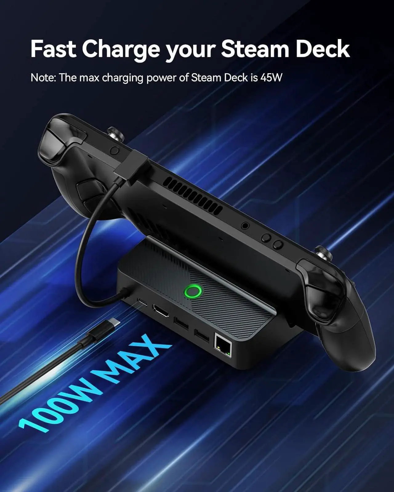 Alt view image 5 of 6 - Steam Deck Dock with LEDs, 5-in-1 Steam Dock with Gigabit Ethernet, HD 2.0, 2 USB-A, 100W Full Speed Charging Port, Steam Deck Accessory Dock