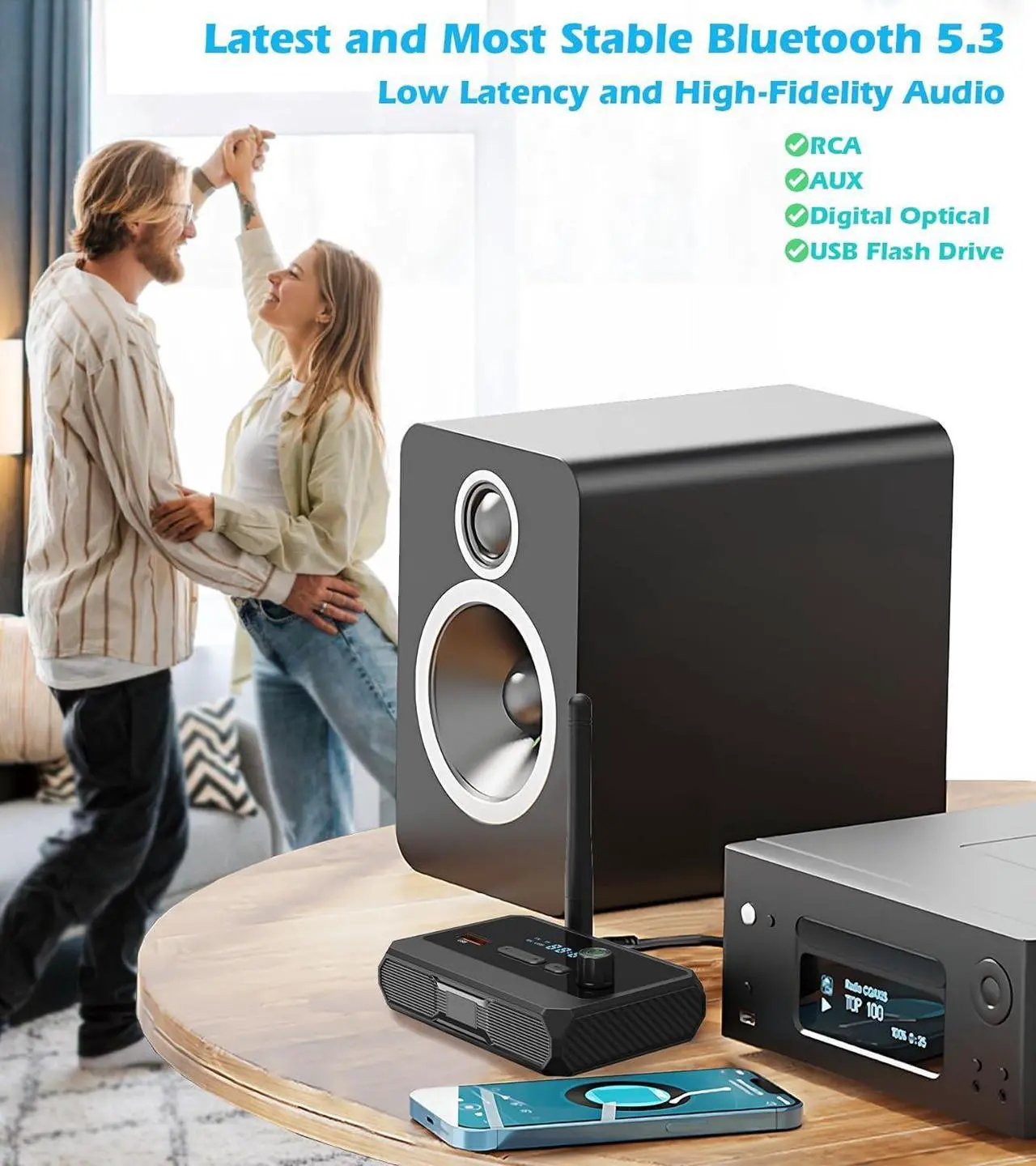 Alt view image 2 of 7 - Bluetooth 5.3 Receiver for Home Stereo, Optical Low Latency and High Definition Music Audio Bluetooth to RCA Adapter for Stereo/Speakers/Wired Speakers/Home Music Streaming Stereo System with AUX/USB