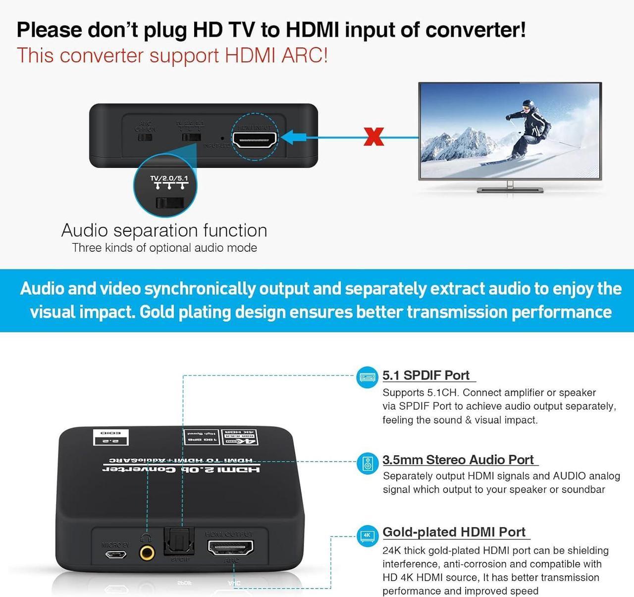 Alt view image 2 of 6 - 4K@60Hz HDMI 2.0b Audio Extractor Converter, HDMI to HDMI ARC + Optical Toslink SPDIF + 3.5mm Stereo Audio Output, HDMI Audio Splitter Adapter supporting HDCP2.2 Digital PCM DTS 5.1, including optical