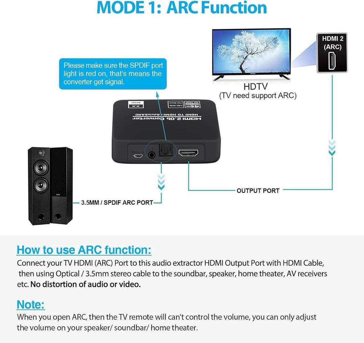 Alt view image 4 of 6 - 4K@60Hz HDMI 2.0b Audio Extractor Converter, HDMI to HDMI ARC + Optical Toslink SPDIF + 3.5mm Stereo Audio Output, HDMI Audio Splitter Adapter supporting HDCP2.2 Digital PCM DTS 5.1, including optical