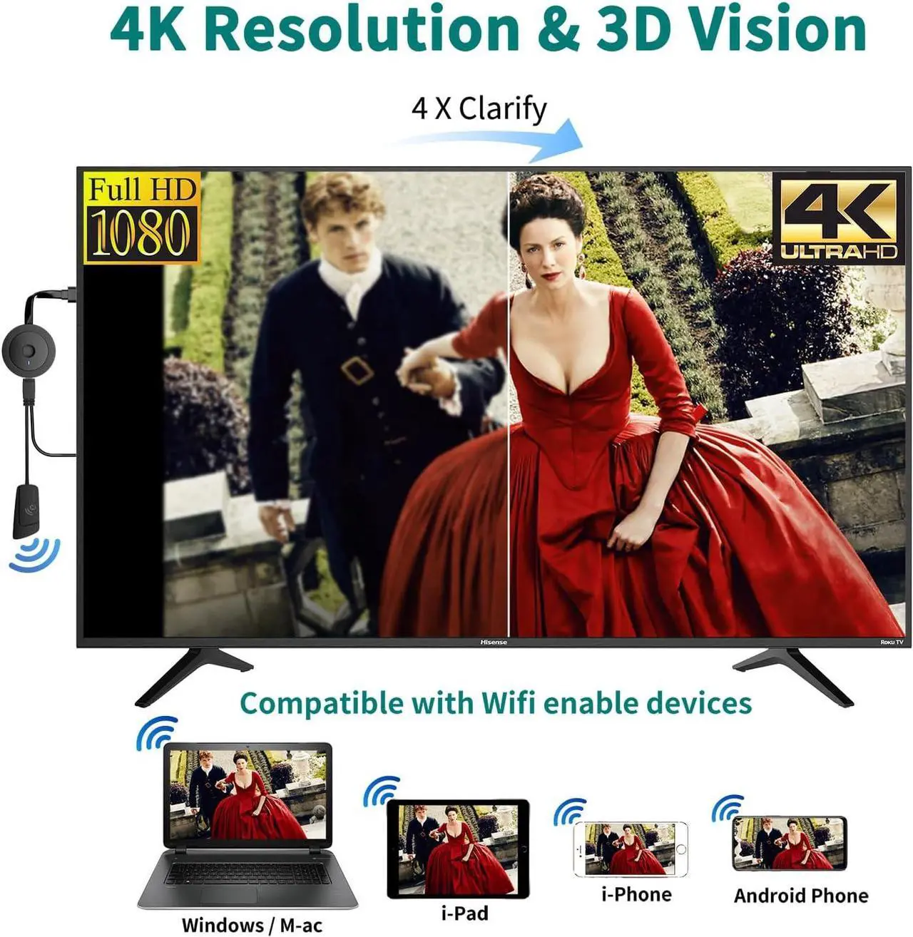 Alt view image 6 of 7 - 4K Wireless HDMI Display Dongle Adapter 1080P, WiFi Streaming Movies, Display i-phone, i-pad, Android, Tablet, Laptop, Window to HDTV/Monitor/Projector, Miracast, air play, DLNA compatible receiver