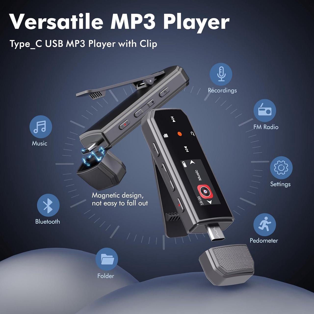 Alt view image 3 of 7 - 64GB Type-C USB MP3 Player with Bluetooth 5.3, Clip Portable Music Player with FM Radio, Voice Recorder, Exercise Pedometer, Digital Audio Random Playback A-B Repeat, Supports Cell Phone File Transfer