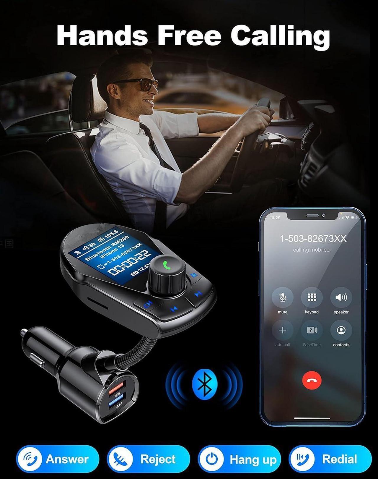 Alt view image 3 of 7 - Bluetooth FM Transmitter (Upgraded) Car Wireless Radio Adapter Kit W 1.8 Color Display Hands-Free Calling Fast Charging 18W and Smart 2.4A Dual USB Ports, TF Card MP3 Player