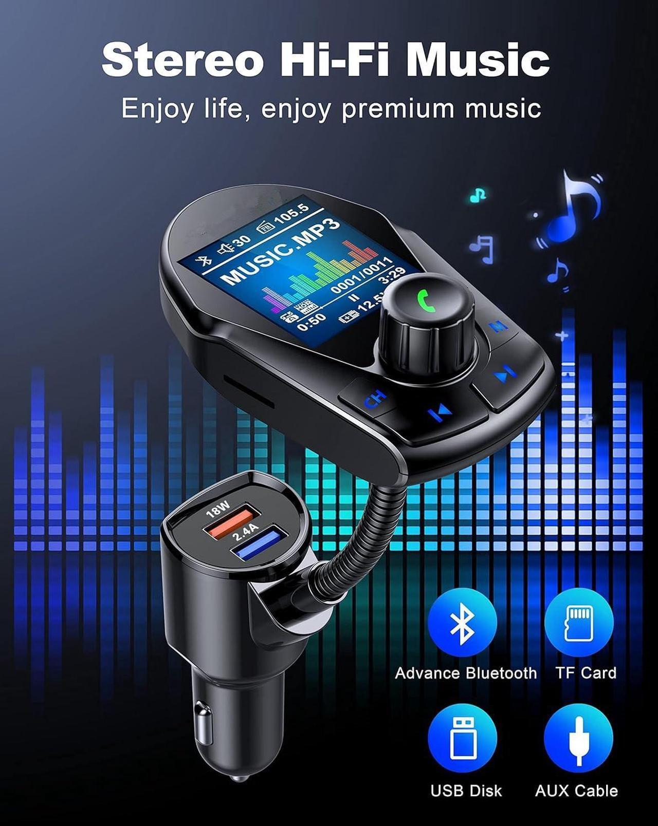 Alt view image 4 of 7 - Bluetooth FM Transmitter (Upgraded) Car Wireless Radio Adapter Kit W 1.8 Color Display Hands-Free Calling Fast Charging 18W and Smart 2.4A Dual USB Ports, TF Card MP3 Player