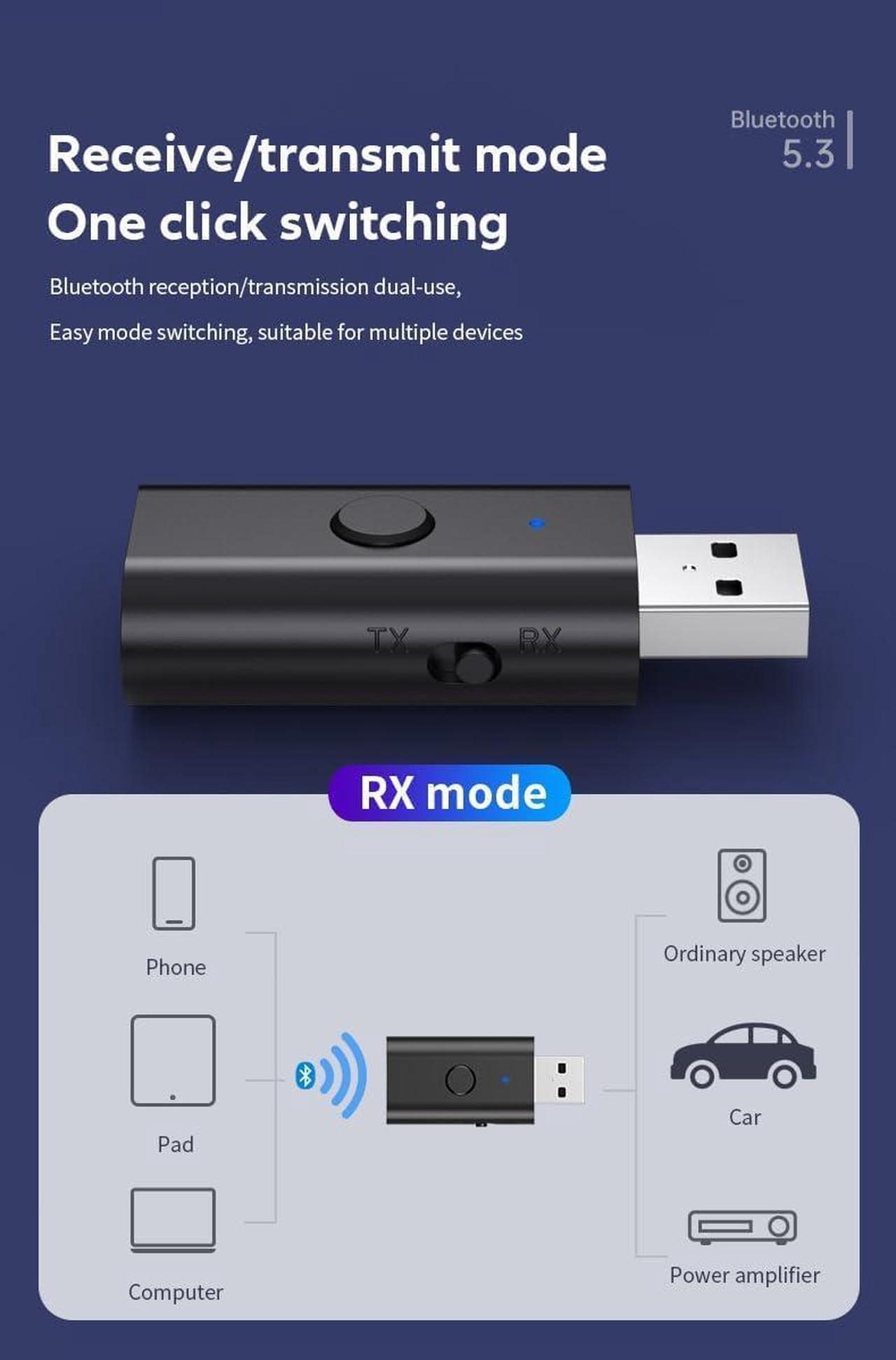 Alt view image 5 of 7 - 5.3 Transceiver 2-in-1 BT Receiver, USB Bluetooth Adapter, Wireless Audio Adapter, Low Latency, USB Powered for TV/PC Home/Car Audio Systems