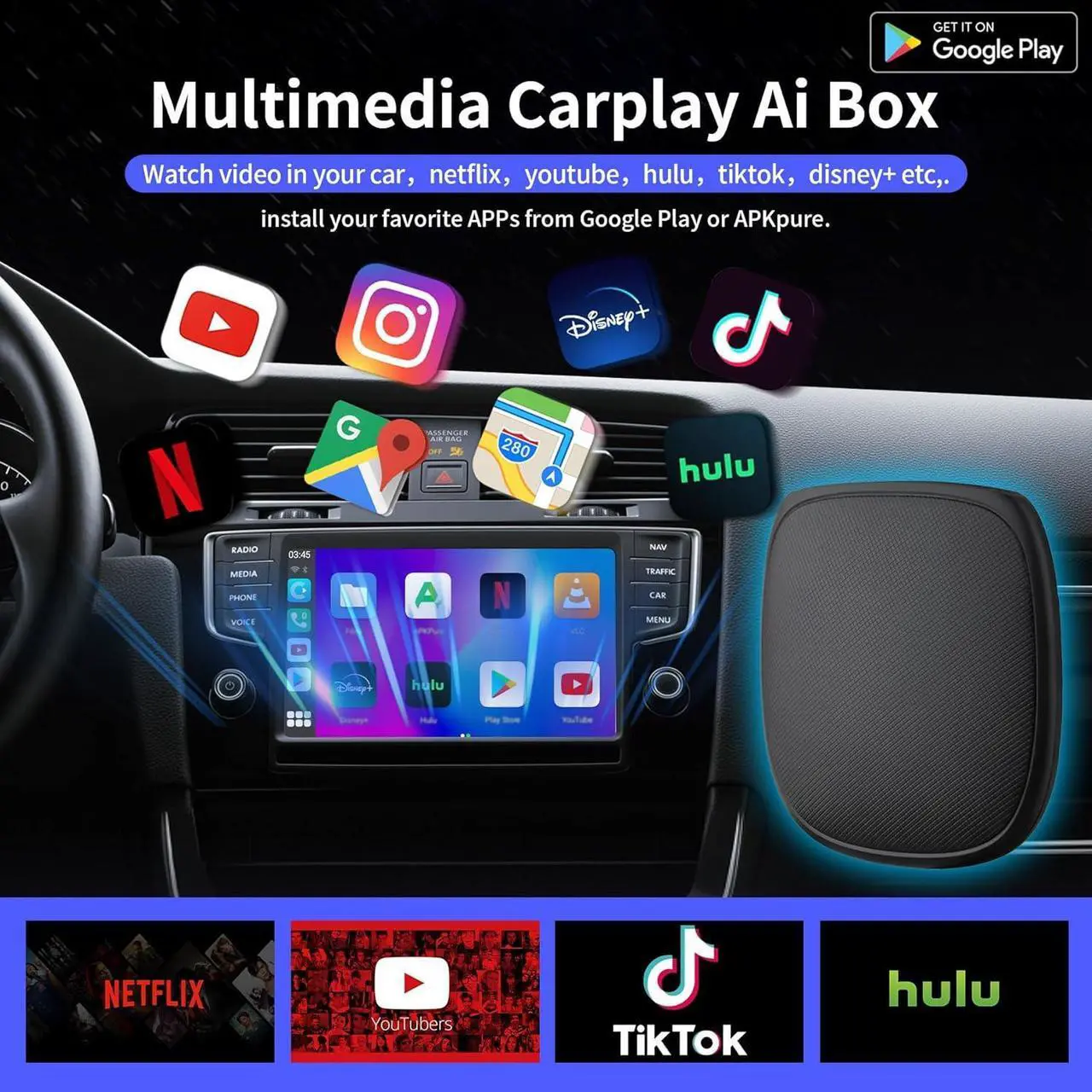 Alt view image 2 of 7 - Magic Carplay Ai Box 2.0 Max, Support Netflix/YouTube/Hulu/Tiktok/TF card etc., Qualcomm Multi-core Wireless Carplay and Android Car Adapter for OEM Wired Carplay Car