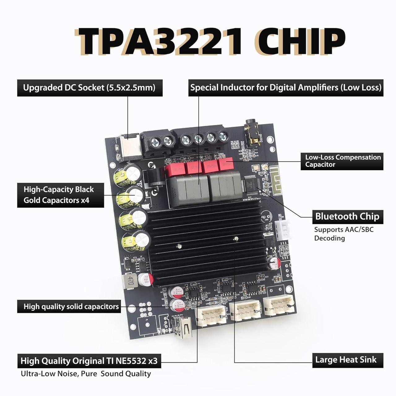 Alt view image 2 of 6 - T100HS-W Amplifier Board with Subwoofer 2.0 Channels 100W×2, TPA3221 Pieces 12V-30V Audio Amplifier with Front Panel