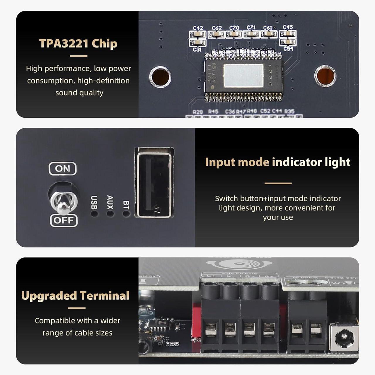 Alt view image 4 of 6 - T100HS-W Amplifier Board with Subwoofer 2.0 Channels 100W×2, TPA3221 Pieces 12V-30V Audio Amplifier with Front Panel
