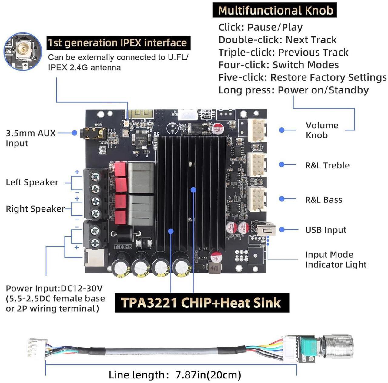 Alt view image 5 of 6 - T100HS-W Amplifier Board with Subwoofer 2.0 Channels 100W×2, TPA3221 Pieces 12V-30V Audio Amplifier with Front Panel