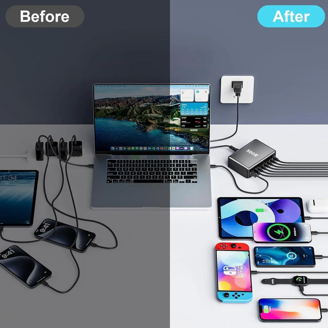 Alt view image 3 of 7 - 500W USB C Fast Charger Module, 8-Port USB Charging Station, GaN III. Pro Dual 100W PD PPS Port Fast Charging Station for Multiple Devices, Laptop Wall Charger Compatible with MacBook/iPhone 16/iPad a