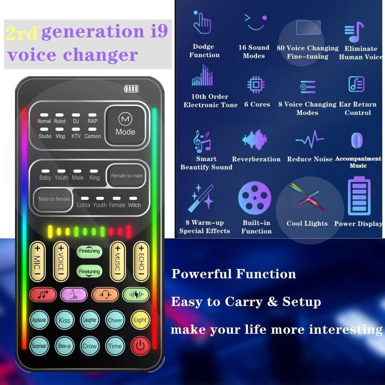 Alt view image 2 of 7 - Portable Voice Converter, 2nd Generation i9 Live Sound Card, Cool Lights Sound Board - Voice Masquerade/Modulator for PS4/PS5/Xbox One/PC/Mobile/Laptop with Adjustable Speech
