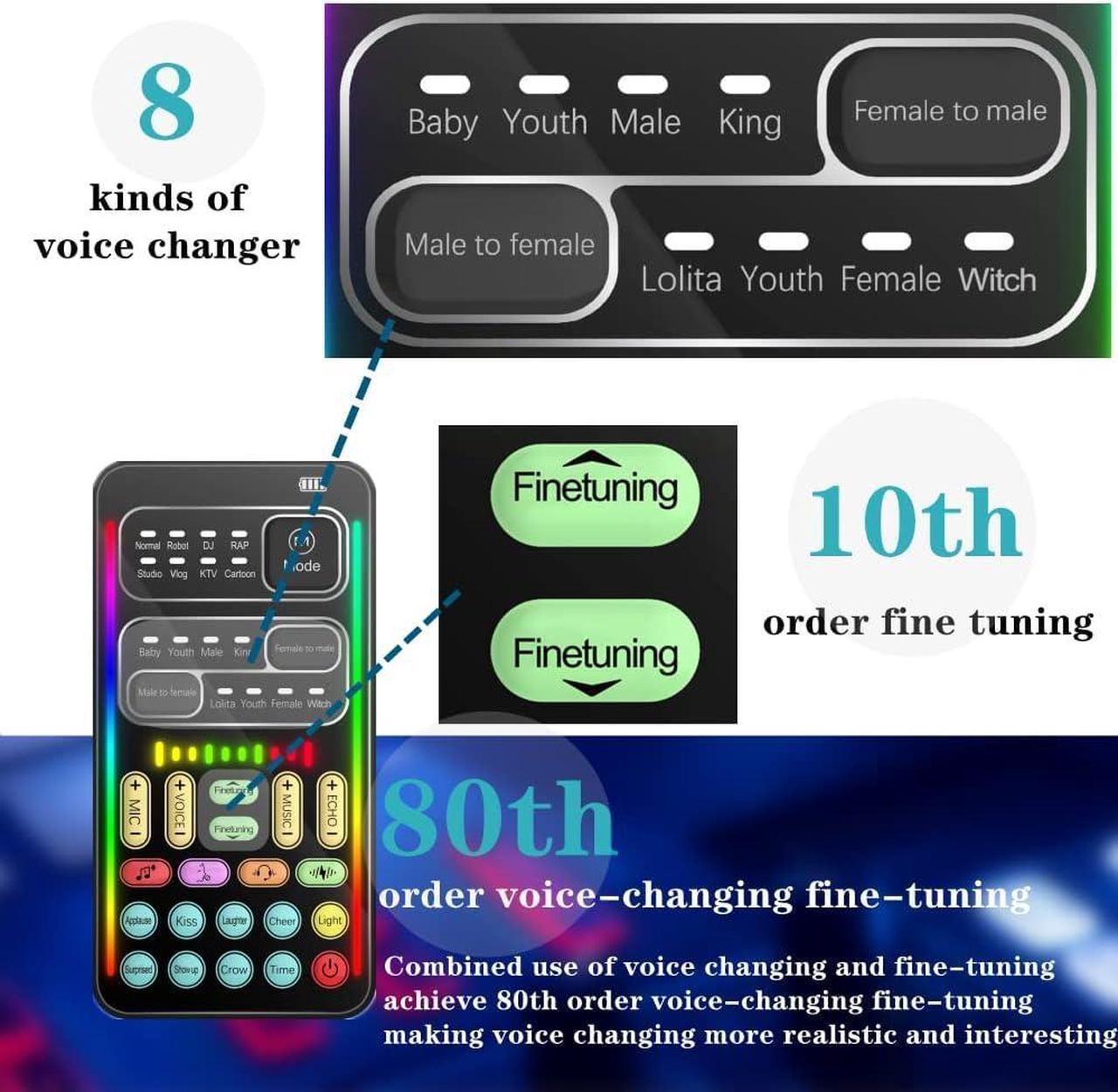 Alt view image 3 of 7 - Portable Voice Converter, 2nd Generation i9 Live Sound Card, Cool Lights Sound Board - Voice Masquerade/Modulator for PS4/PS5/Xbox One/PC/Mobile/Laptop with Adjustable Speech