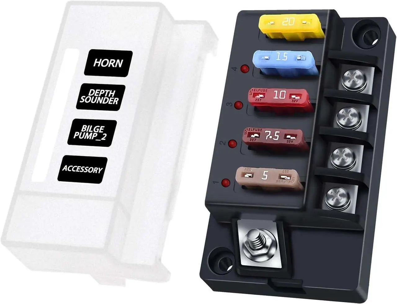 Main image of 12V Fuse Box, 4 Circuit Waterproof Marine Fuse Panel Relay Box Kit with LED Indicator Lights Moisture Resistant Cover, 12 Volt Fuse Box Kit ATO Blade Fuse Box for 12V/24V Car RV Truck Boat