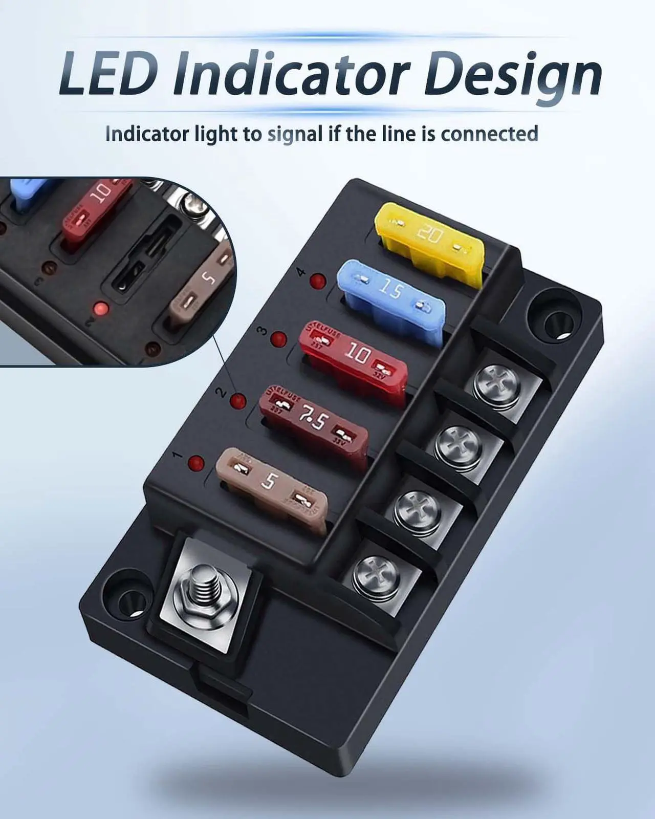 Alt view image 2 of 6 - 12V Fuse Box, 4 Circuit Waterproof Marine Fuse Panel Relay Box Kit with LED Indicator Lights Moisture Resistant Cover, 12 Volt Fuse Box Kit ATO Blade Fuse Box for 12V/24V Car RV Truck Boat