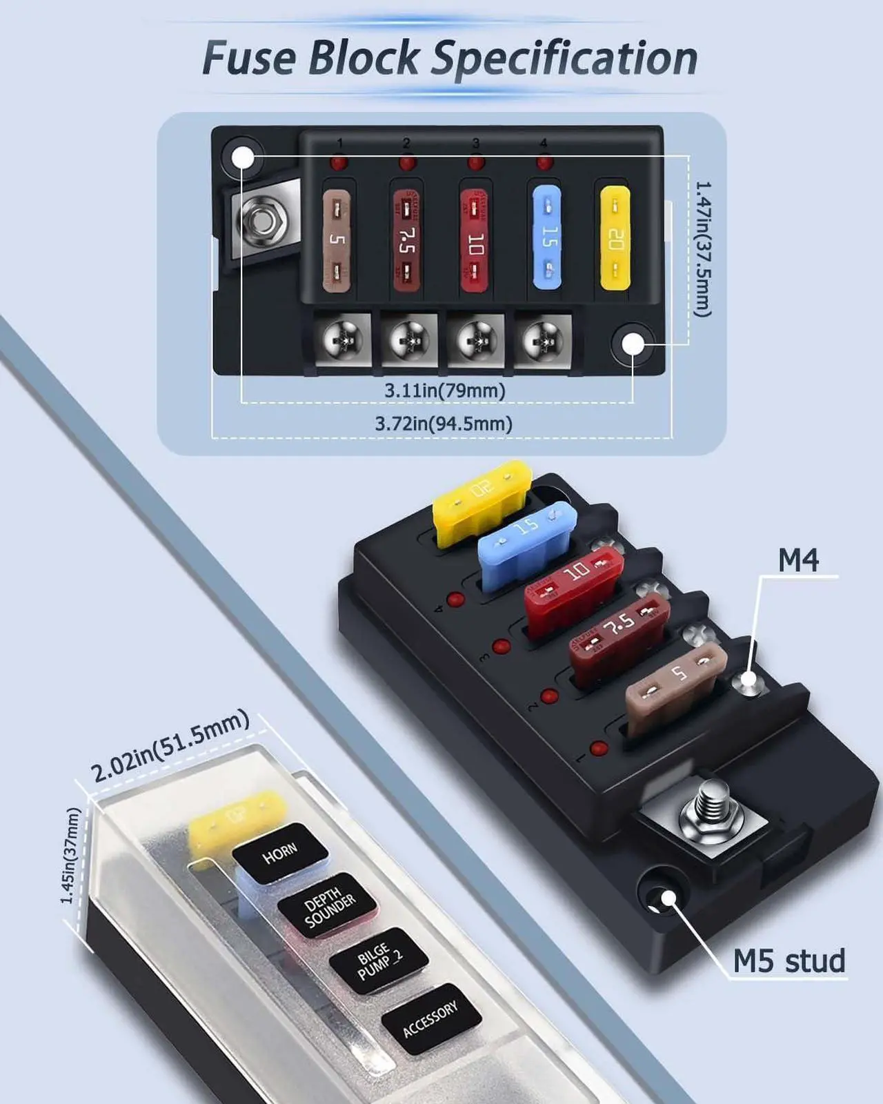 Alt view image 5 of 6 - 12V Fuse Box, 4 Circuit Waterproof Marine Fuse Panel Relay Box Kit with LED Indicator Lights Moisture Resistant Cover, 12 Volt Fuse Box Kit ATO Blade Fuse Box for 12V/24V Car RV Truck Boat