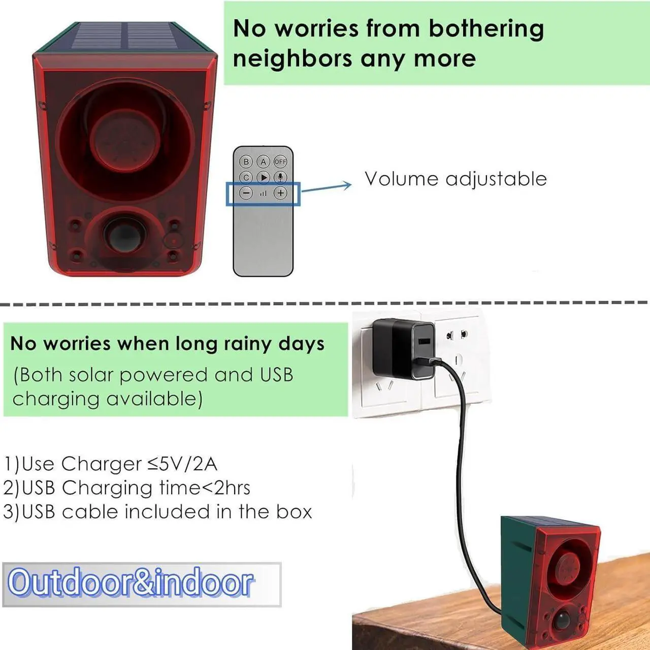 Alt view image 4 of 7 - Solar Powered Outdoor Motion Sensor Alarm - Barking Dogs and Gunshots, Supports Recording ± Volume, 130db Loud Noise Maker, 3 Operating Modes with USB Strobe Light, Farewell to Intruders
