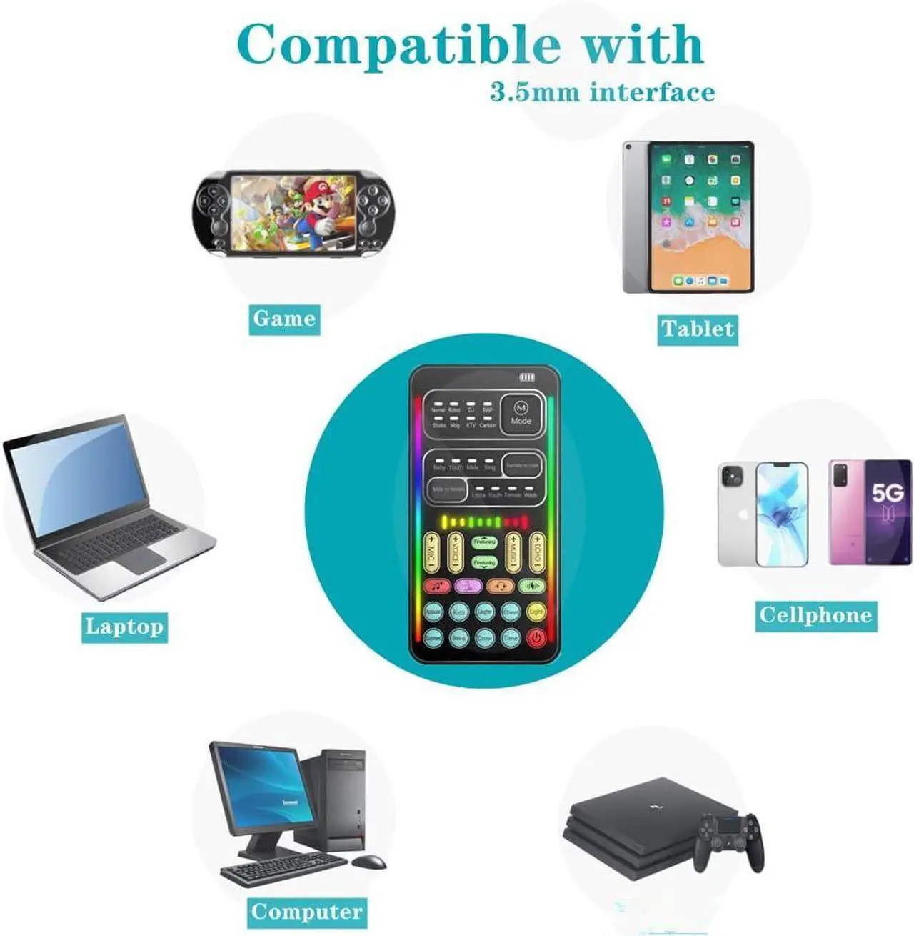 Alt view image 5 of 7 - Portable Voice Converter, 2nd Generation i9 Live Sound Card, Cool Lights Sound Board - Speech artifact/modulator for PC/cell phone/laptop with adjustable voice features
