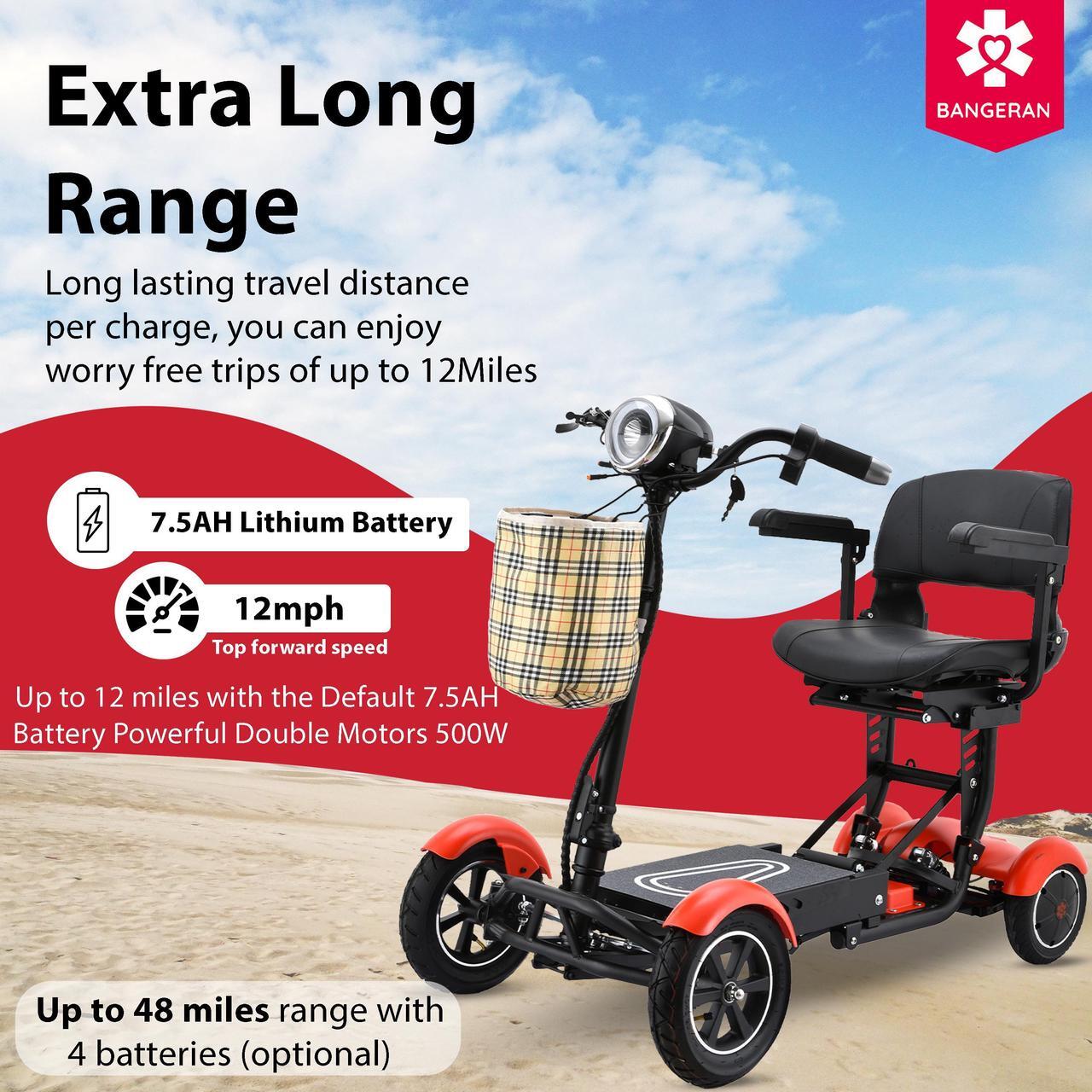 Alt view image 4 of 6 - Wide Seat 4 Wheel Power Scooter, Lightweight Foldable, Adjustable Speed and Handle, Up to 12 Miles - Matte Black Color