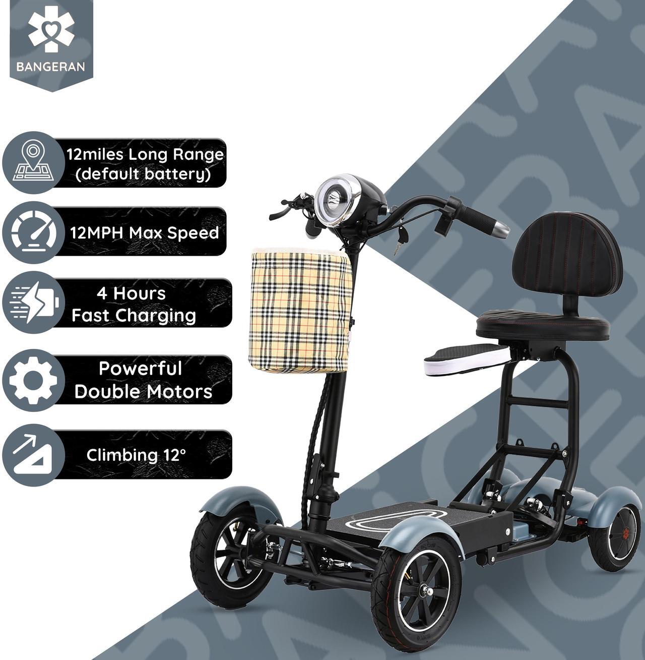 Alt view image 2 of 7 - Bangeran Mobility Scooter, 4 Wheel Easy Travel, Up to 12 Miles - Matte Sky Blue